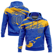 Load image into Gallery viewer, Custom Stitched Thunder Blue Gold 3D Pattern Design Torn Paper Style Sports Pullover Sweatshirt Hoodie

