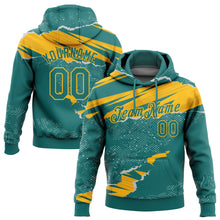 Load image into Gallery viewer, Custom Stitched Teal Gold 3D Pattern Design Torn Paper Style Sports Pullover Sweatshirt Hoodie
