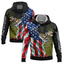 Load image into Gallery viewer, Custom Black White 3D American Flag And Duck Hunting Sports Pullover Sweatshirt Hoodie
