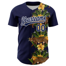 Load image into Gallery viewer, Custom Navy White 3D Tropical Hawaii Jungle Plant And Leopard Authentic Baseball Jersey
