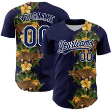 Load image into Gallery viewer, Custom Navy White 3D Tropical Hawaii Jungle Plant And Leopard Authentic Baseball Jersey
