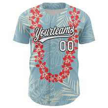 Load image into Gallery viewer, Custom Shadow Blue White-Black 3D Tropical Hawaii Leaves And Flower Authentic Baseball Jersey
