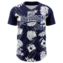 Load image into Gallery viewer, Custom Navy White 3D Tropical Hawaii Leaves And Flower Authentic Baseball Jersey
