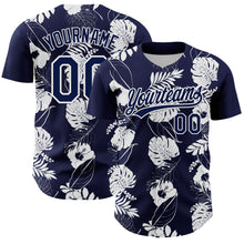 Load image into Gallery viewer, Custom Navy White 3D Tropical Hawaii Leaves And Flower Authentic Baseball Jersey
