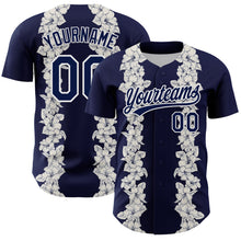 Load image into Gallery viewer, Custom Navy White 3D Tropical Hawaii Leaves And Flower Authentic Baseball Jersey
