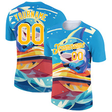 Load image into Gallery viewer, Custom Sky Blue Gold-White 3D Pattern Design Extreme Sport Cartoon Animal Dolphin Surfing Performance T-Shirt
