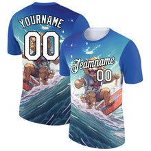 Load image into Gallery viewer, Custom Sky Blue White-Black 3D Pattern Design Extreme Sport Cartoon Animal Lion Surfing Performance T-Shirt
