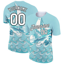 Load image into Gallery viewer, Custom Ice Blue White-Black 3D Pattern Design Sailing Ship Columbus Day Performance T-Shirt
