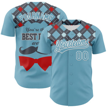 Custom Shadow Blue White 3D Pattern Design Father's Day Mustache Authentic Baseball Jersey