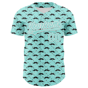 Custom Ice Blue White 3D Pattern Design Father's Day Mustache Authentic Baseball Jersey