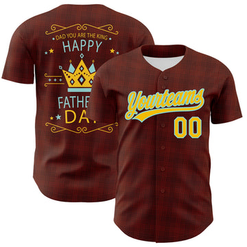 Custom Brown Yellow-Lakes Blue 3D Pattern Design Father's Day King Crown Authentic Baseball Jersey