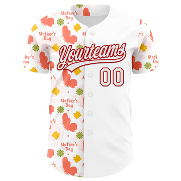 Custom White Red 3D Pattern Design Mother's Day Love Authentic Baseball Jersey
