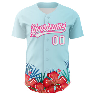 Custom Ice Blue White-Pink 3D Pattern Design Mother's Day Flower Authentic Baseball Jersey