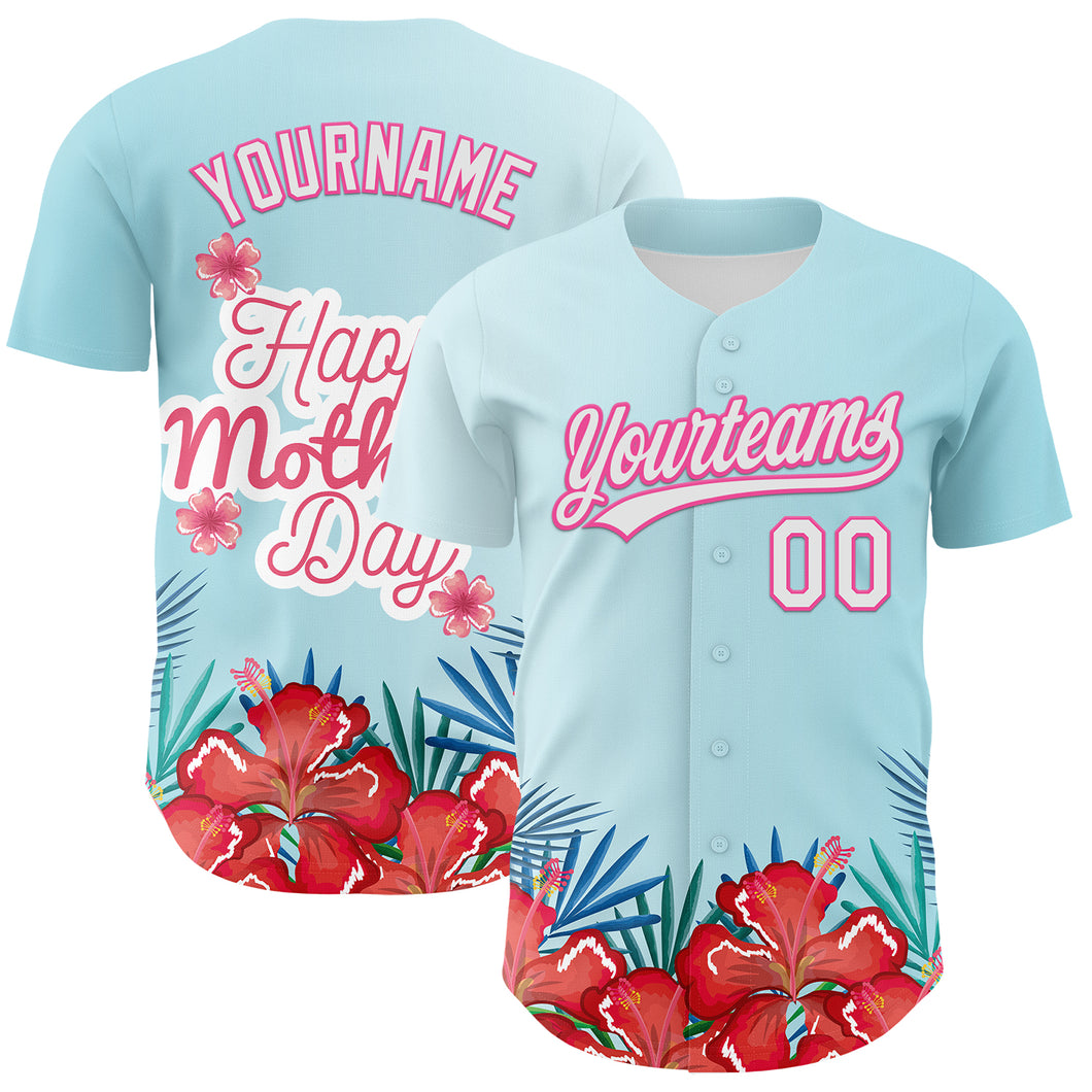 Custom Ice Blue White-Pink 3D Pattern Design Mother's Day Flower Authentic Baseball Jersey