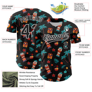 Custom Black White 3D Hawai Tropical Palm Tree Flower And Tiki Mask Authentic Baseball Jersey