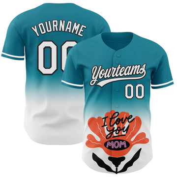 Custom Teal White-Black 3D Pattern Design Gradient Mother's Day Flower Authentic Baseball Jersey