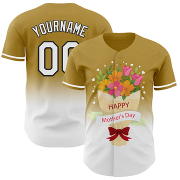 Custom Old Gold White-Black 3D Pattern Design Gradient Mother's Day Flower Authentic Baseball Jersey