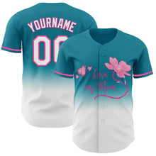 Load image into Gallery viewer, Custom Teal White-Pink 3D Pattern Design Gradient Mother&#39;s Day Love And Flower Authentic Baseball Jersey
