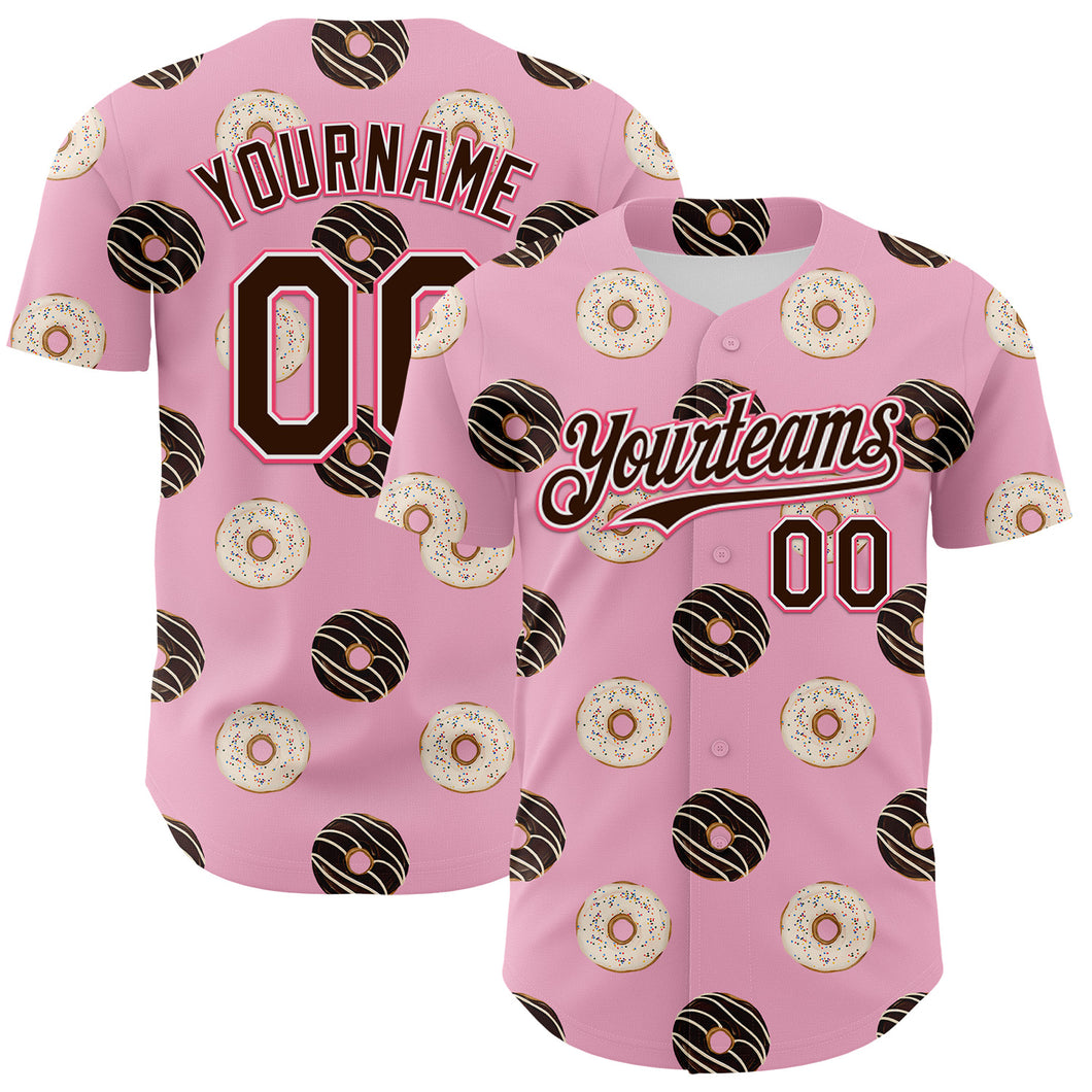 Custom Light Pink Brown-Neon Pink 3D Pattern Design Foodie Food Dessert Doughnut Authentic Baseball Jersey