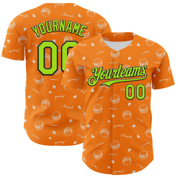 Custom Bay Orange Neon Green-Black 3D Pattern Design Foodie Fast Food Burger Authentic Baseball Jersey