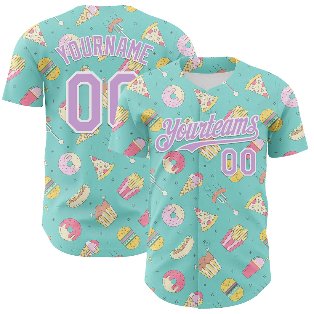 Custom Ice Blue Light Purple-White 3D Pattern Design Foodie Fast Food Burger Fries Pizza Authentic Baseball Jersey