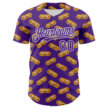 Custom Purple White 3D Pattern Design Foodie Fast Food Hot Dog Authentic Baseball Jersey