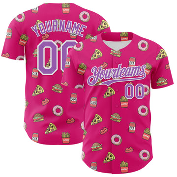Custom Hot Pink Medium Purple-White 3D Pattern Design Foodie Fast Food Pizza Donut Cola Authentic Baseball Jersey