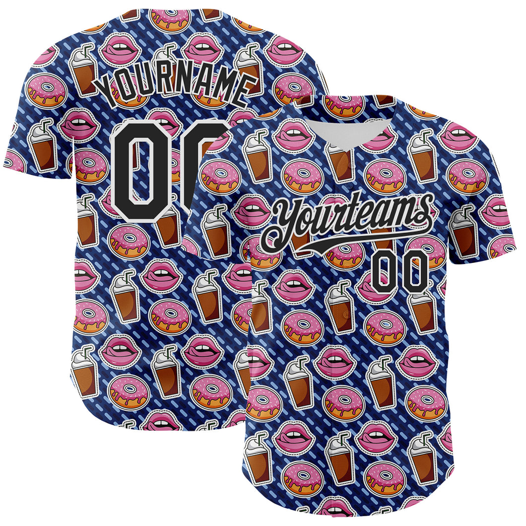 Custom US Navy Blue Black-White 3D Pattern Design Foodie Food Dessert Milkshake Donut Authentic Baseball Jersey