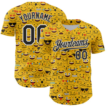 Custom Gold Black-White 3D Pattern Design Funny Cartoon Emoji Face Authentic Baseball Jersey