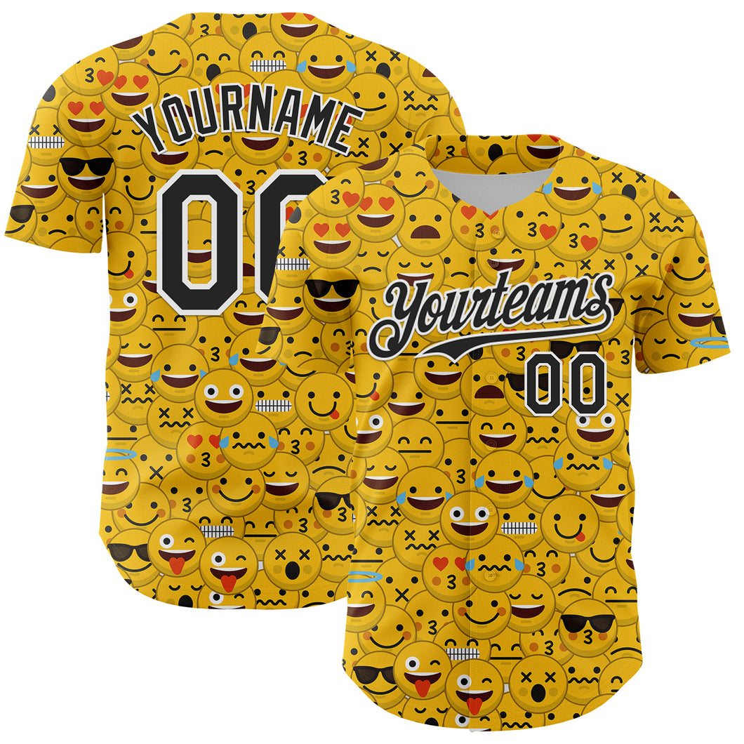 Custom Gold Black-White 3D Pattern Design Funny Cartoon Emoji Face Authentic Baseball Jersey