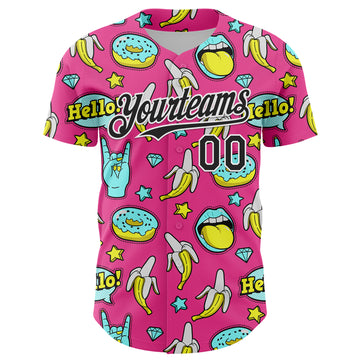 Custom Pink Black-White 3D Pattern Design Funny Cartoon Food Donut And Fruit Banana Authentic Baseball Jersey