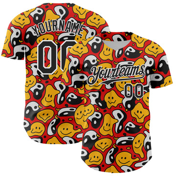 Custom Red Black-White 3D Pattern Design Funny Cartoon Emoji Smile Face And Yin Yang Authentic Baseball Jersey
