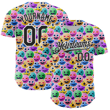 Custom White Black 3D Pattern Design Funny Cartoon Emoji Face Authentic Baseball Jersey