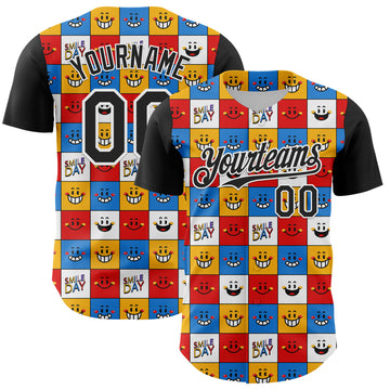 Custom White Black 3D Pattern Design Funny Cartoon Emoji Smile Face Authentic Baseball Jersey