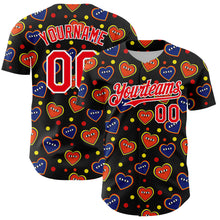 Load image into Gallery viewer, Custom Black Fire Red-White 3D Pattern Design Funny Cartoon Heart Authentic Baseball Jersey
