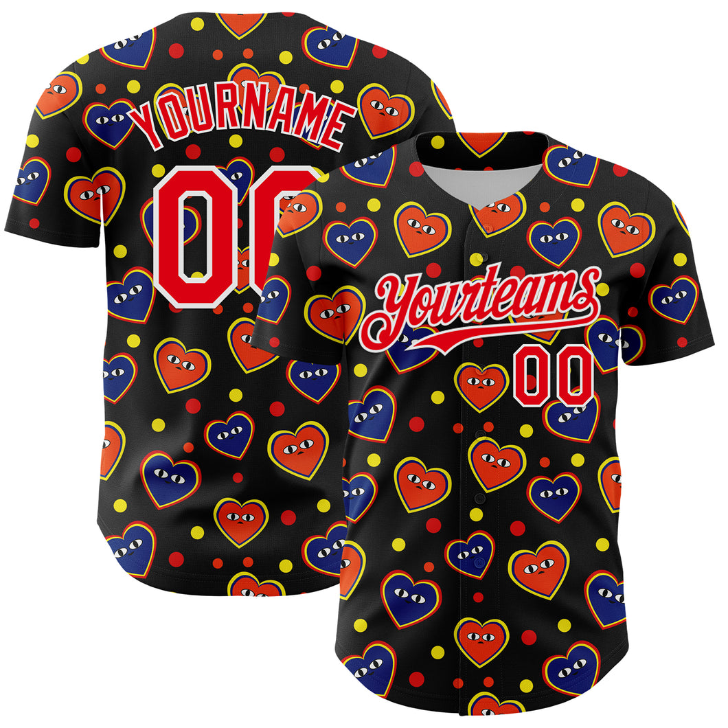 Custom Black Fire Red-White 3D Pattern Design Funny Cartoon Heart Authentic Baseball Jersey