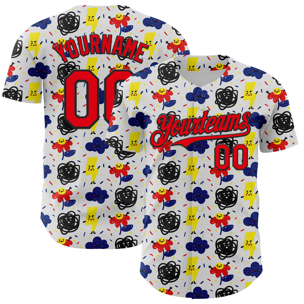 Custom White Fire Red-Black 3D Pattern Design Funny Cartoon Flower Cloud Lightning Authentic Baseball Jersey