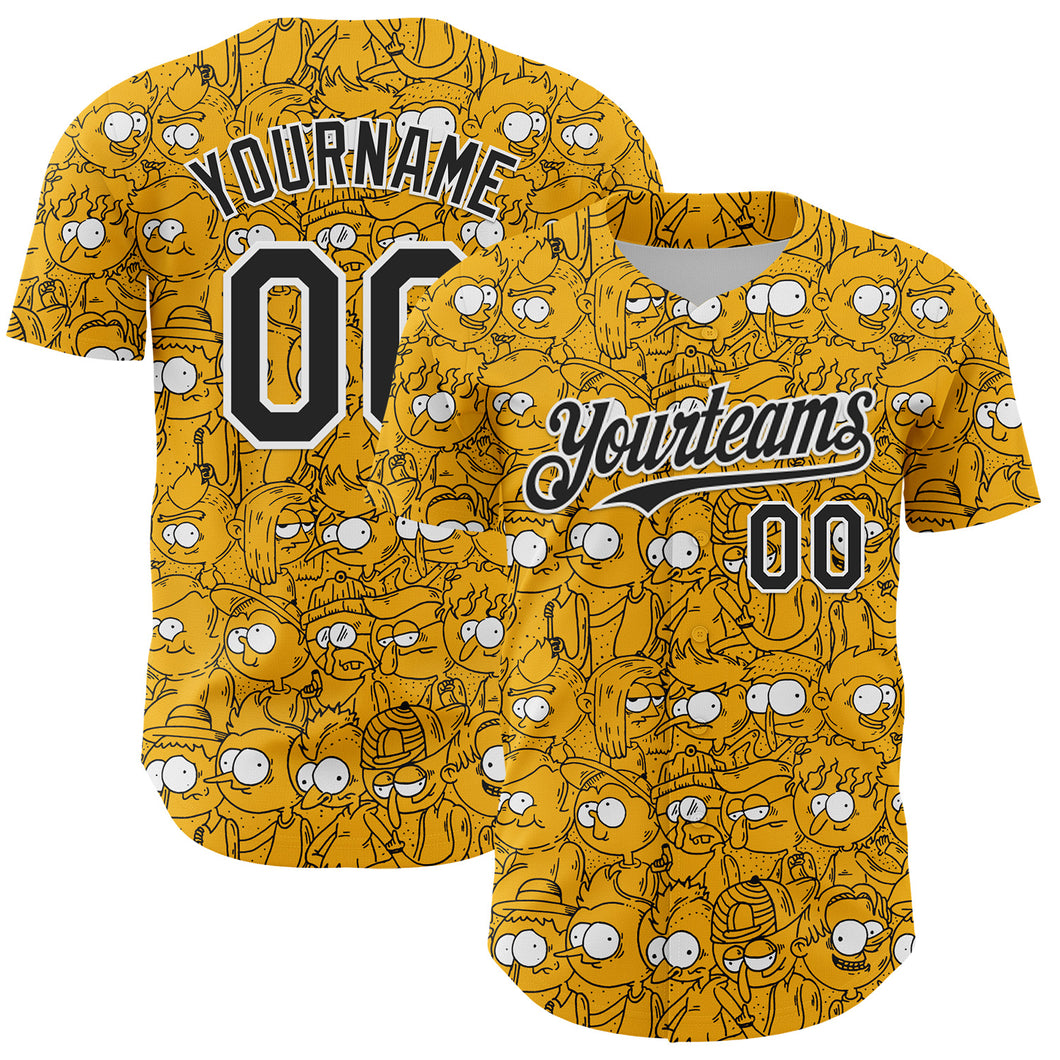 Custom Gold Black-White 3D Pattern Design Funny Cartoon People Authentic Baseball Jersey