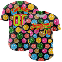Load image into Gallery viewer, Custom Black Neon Green-Fire Red 3D Pattern Design Funny Cartoon Emoji Smile Face Authentic Baseball Jersey
