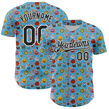 Custom Sky Blue Black-White 3D Pattern Design Funny Cartoon Emoji Authentic Baseball Jersey