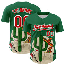 Load image into Gallery viewer, Custom Kelly Green Red-White 3D Mexican Festival Cactus Sombrero And Flag Cinco de Mayo Authentic Baseball Jersey
