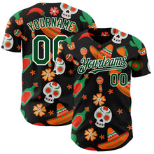 Load image into Gallery viewer, Custom Black Green-White 3D Mexican Festival Sombrero And Skull Cinco de Mayo Authentic Baseball Jersey
