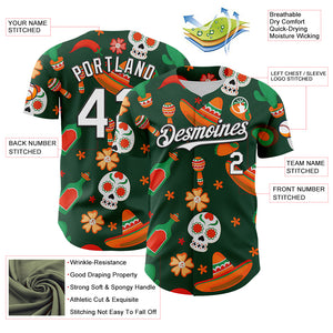Custom Green White-Black 3D Mexican Festival Sombrero And Skull Cinco de Mayo Authentic Baseball Jersey