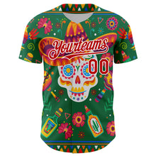 Load image into Gallery viewer, Custom Kelly Green Red-White 3D Mexican Festival Flower Skull With Sombrero Cinco de Mayo Authentic Baseball Jersey
