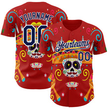 Load image into Gallery viewer, Custom Red Navy-White 3D Mexican Festival Flower And Skull Sombrero Cinco de Mayo Authentic Baseball Jersey
