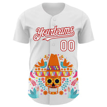 Load image into Gallery viewer, Custom White Red 3D Mexican Festival Flower Skull With Sombrero Cinco de Mayo Authentic Baseball Jersey
