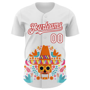 Custom White Red 3D Mexican Festival Flower Skull With Sombrero Cinco de Mayo Authentic Baseball Jersey