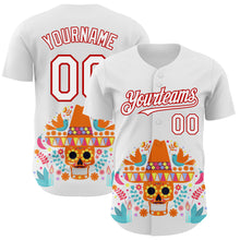 Load image into Gallery viewer, Custom White Red 3D Mexican Festival Flower Skull With Sombrero Cinco de Mayo Authentic Baseball Jersey
