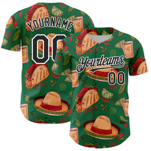 Load image into Gallery viewer, Custom Kelly Green Black-White 3D Mexican Festival Tacos And Sombrero Cinco de Mayo Authentic Baseball Jersey
