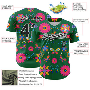 Custom Kelly Green Black-White 3D Mexican Festival Flower Cinco de Mayo Authentic Baseball Jersey